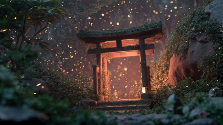 Explore a tranquil scene featuring a Japanese torii gate bathed in warm lights, set in a lush forest that creates a magical atmosphere, perfect for art or travel themes.の素材