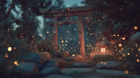 Experience a tranquil evening scene featuring a traditional torii gate and lantern illuminated by the soft glow of fireflies in a lush garden setting. Perfect for calming ambiance.の素材