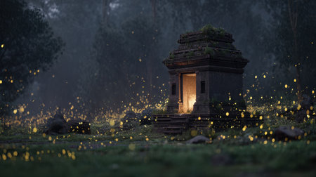 Experience the enchanting beauty of a mystical temple lit by glowing orbs in a serene forest at dusk, inviting exploration and a sense of tranquility and wonder.の素材