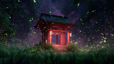 Experience a magical night in an enchanted forest, featuring a Japanese shrine illuminated by glowing fireflies, surrounded by lush greenery and a starry sky.の素材