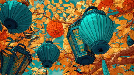 This captivating image showcases vibrant lanterns suspended among bright autumn leaves, creating a harmonious blend of colors and textures ideal for seasonal celebrations.の素材