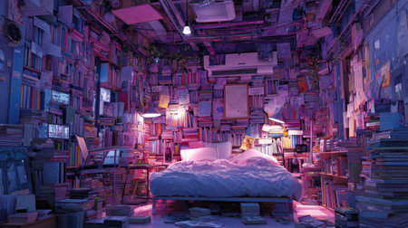 This cozy bedroom features a unique wall of colorful books, creating an inviting atmosphere perfect for reading and relaxation in a charming setting.の素材