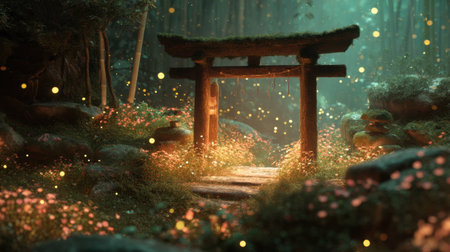 A captivating scene featuring a torii gate nestled in a lush forest, surrounded by glowing flowers and dancing fireflies, creating a peaceful and magical atmosphere.の素材