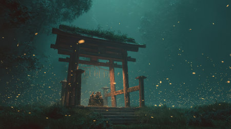 An ethereal forest scene featuring a traditional torii gate illuminated by glowing fireflies. A captivating atmosphere envelops the lush greenery, evoking tranquility and wonder.の素材