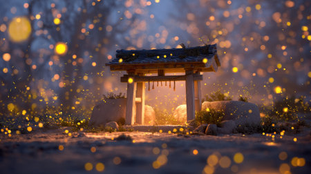 Discover a tranquil nighttime atmosphere featuring a traditional Japanese torii gate illuminated by fireflies in a mystical forest setting, perfect for nature lovers.の素材