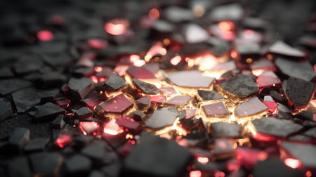 Stunning abstract image showcasing shattered glass pieces illuminated by a warm, glowing light, perfect for artistic applications or creative projects.の素材