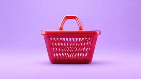 A bright red shopping basket stands prominently against a vibrant purple background. Ideal for showcasing products, this image captures modern retail aesthetics and convenience.の素材