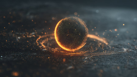 A mesmerizing abstract image featuring a glowing sphere made of particles, surrounded by radiant light effects in a dark and atmospheric landscape.の素材