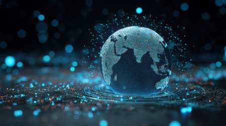Stunning digital illustration of a globe made of particles, set in an abstract futuristic background, representing technology and global communication in a modern world.の素材