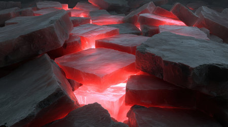 Experience the enchanting glow of red light piercing through cracked stone slabs in this captivating image, perfect for artistic projects and visual storytelling.の素材