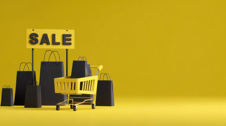Eye-catching shopping scene featuring a bright yellow backdrop with a 'Sale' sign, shopping bags, and a cart, perfect for retail promotions and marketing materials.の素材