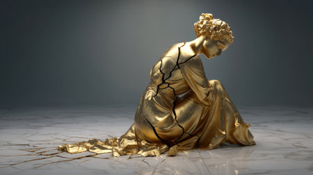 This striking gold sculpture captures a figure in deep contemplation, showcasing intricate cracks that symbolize beauty and fragility in modern artistry.の素材