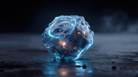 A captivating crystal sphere emits glowing energy pulses and light reflections on a dark surface, ideal for fantasy, sci-fi, or abstract art projects, evoking mystery and wonder.の素材