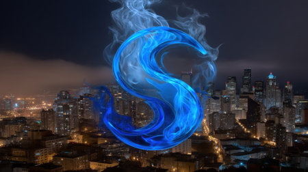 A stunning nighttime cityscape showcasing illuminated buildings beneath a misty sky, enhanced with a vibrant blue smoke effect for an artistic visual experience.の素材