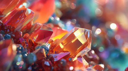 A stunning close-up of vibrant crystals capturing light and showcasing intricate textures. The colorful hues create a mesmerizing visual for artistic projects and backgrounds.の素材