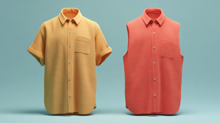 Brightly colored apparel featuring a short sleeve shirt and a vest, perfect for fashion displays. The vibrant orange and yellow colors stand out against a soft blue background.の素材