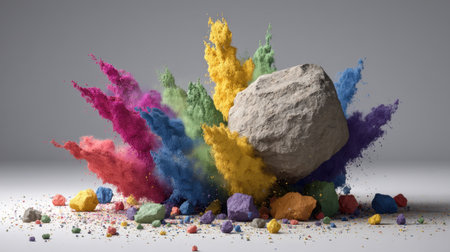 A striking visual of a large rock amidst an explosion of colorful powder, creating an energetic and artistic display of vibrant hues against a neutral background.の素材