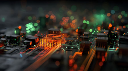 An abstract close-up view of a circuit board illuminated by glowing orange and green lights, highlighting intricate electronic components and showcasing technological beauty.の素材
