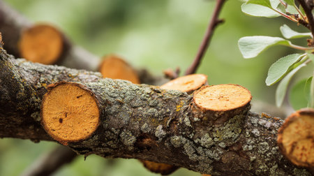 This close-up image captures a section of a tree branch with cut surfaces featuring moss and soft green background. Ideal for nature and wood themed projects.の素材