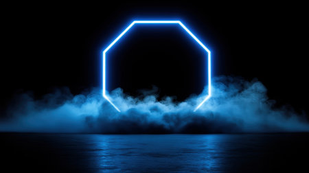 A striking neon blue octagon shape illuminates a dark setting, surrounded by swirling fog, creating a captivating and futuristic atmosphere ideal for creative projects.の素材