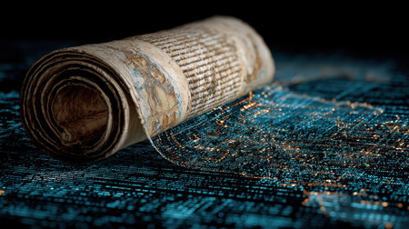 A captivating image of an ancient manuscript roll resting on a vibrant blue digital background, representing the fusion of historical knowledge with modern technology.の素材