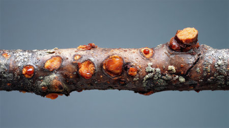 This image showcases a detailed view of a tree branch, highlighting the unique bark texture along with natural resins and lichen against a soft gray backdrop.の素材