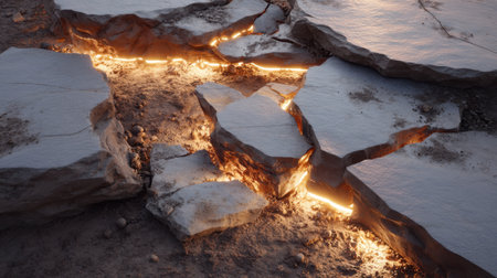 An artistic view of cracked earth featuring glowing light between stones, showcasing the unique textures and shapes found in a stunning desert landscape.の素材