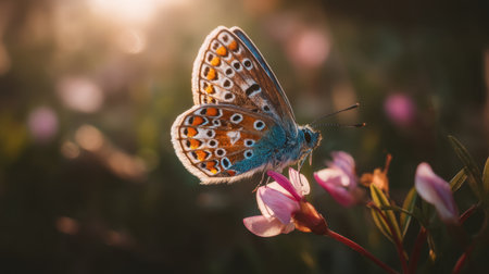 A striking blue butterfly rests on a pink flower, illuminated by soft sunlight, capturing the essence of nature's beauty and intricate details in a serene outdoor setting.の素材