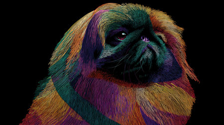 A vibrant illustration of a Pekingese dog featuring striking colors and abstract patterns on a solid black background. Ideal for art enthusiasts and pet lovers.の素材