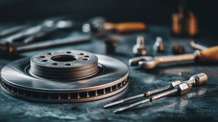 A detailed close-up showcase of an automotive brake disc surrounded by various mechanic tools. Ideal imagery for automotive professionals, repairs, and vehicle maintenance.の素材