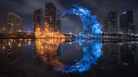 A captivating urban nightscape showcasing vibrant fire and water elements reflected in a calm lake, surrounded by illuminated skyscrapers, creating a dynamic visual experience.の素材