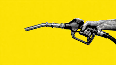 A hand holds a fuel nozzle against a vivid yellow background, symbolizing the connection between energy and transportation. Ideal for themes of economy and sustainability.の素材