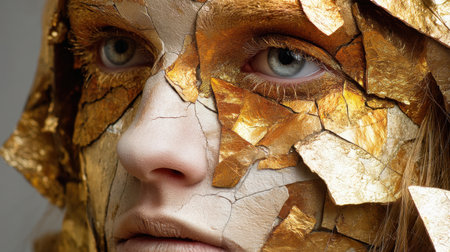 A captivating close-up of a woman's face adorned with golden cracked art, blending elegance and creativity, showcasing intricate details and unique beauty.の素材