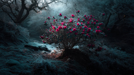 A stunning forest scene showcases vibrant red flowers emerging from frost-covered ground, surrounded by mist. This captivating image evokes tranquility and natural beauty.の素材