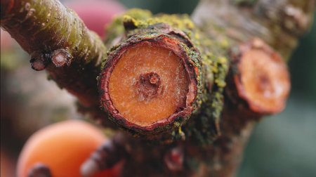 This captivating close-up showcases the intricate details of a tree branch, revealing rich wood textures, vibrant moss, and the beauty of nature in a tranquil garden setting.の素材