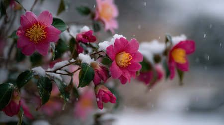 Captivating image of pink flowers adorned with yellow centers, gently blanketed in soft snow, showcasing the beauty of nature in winter while offering a serene and peaceful ambiance.の素材