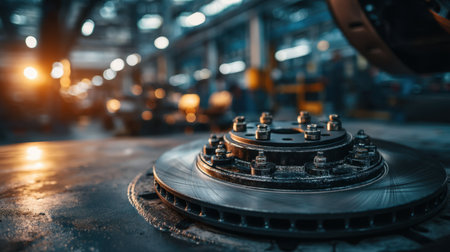 This image showcases a close-up view of a precision component in an industrial setting, featuring intricate details illuminated by soft background lighting in a manufacturing facility.の素材