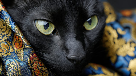 A mesmerizing portrait of a black cat with vivid green eyes, gracefully wrapped in an ornate textile, showcasing exquisite detail and a soft, inviting ambiance.の素材