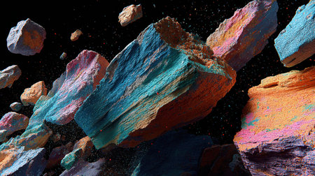 A captivating scene of colorful rocks floating in space, enhanced by vibrant particles and dynamic lighting, perfect for creative projects and artistic expressions.の素材