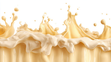 Explore the captivating dynamics of creamy liquid splashes with exquisite details against a bright white backdrop, ideal for culinary and beverage themes.の素材