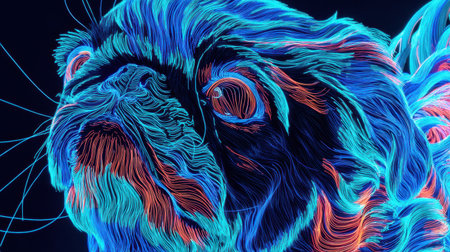 This vibrant and imaginative portrait showcases a pug dog illuminated in neon blue and orange colors, highlighting intricate fur patterns with a creative artistic flair.の素材
