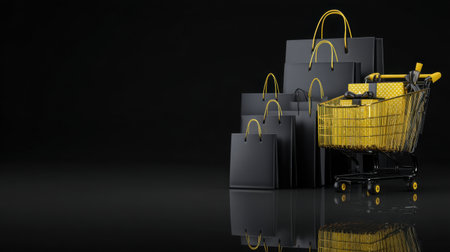 Eye-catching arrangement of black shopping bags alongside a bright yellow shopping cart on a glossy surface. Perfect for retail and e-commerce themes in advertising.の素材