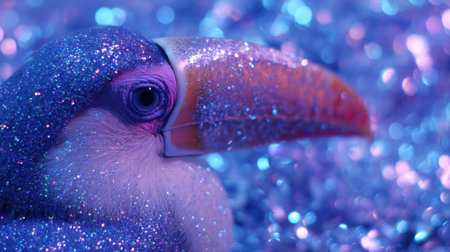 A mesmerizing close-up of a toucan adorned with glitter, showcasing its vibrant feathers and striking beak against a dazzling blue bokeh backdrop, evoking a sense of wonder.の素材