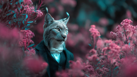 A strikingly elegant lynx in a formal suit stands amidst lush pink flowers, exuding charm and whimsy, creating a captivating fusion of nature and fantasy.の素材