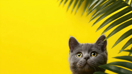 A charming gray cat peeks out from behind lush green leaves, set against a bright yellow background, creating a joyful and vibrant atmosphere perfect for pet lovers.の素材