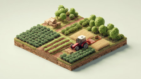 Vibrant 3D rendering of a farming landscape showcasing a tractor, various crops, and trees, ideal for designs related to agriculture, sustainability, and rural life.の素材