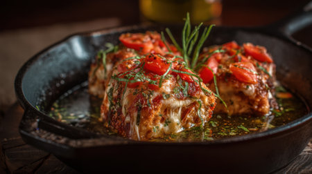 This appetizing baked dish showcases melted cheese, fresh herbs, and ripe cherry tomatoes, beautifully presented in a cast iron skillet for an enchanting culinary experience.の素材