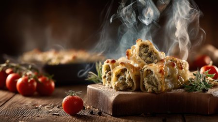 A deliciously baked pasta roll stuffed with cheese and spinach, garnished with fresh herbs and vibrant cherry tomatoes, evokes warmth and comfort on a rustic table.の素材