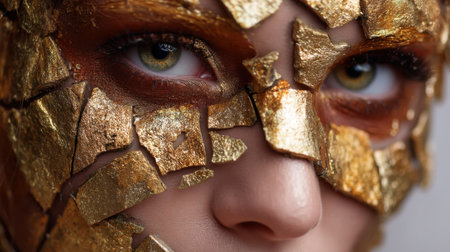 A captivating close-up shot of a woman's face adorned with a unique golden mask made of broken pieces. This image emphasizes artistry in makeup and beauty.の素材