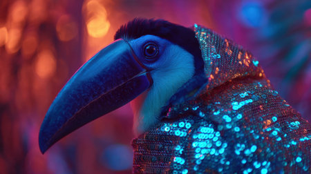 Captivating portrait of a tropical bird dressed in sparkling sequins, set against a vibrant neon backdrop that highlights its colorful features and striking personality.の素材